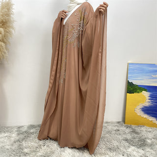 6743#Luxury New Rhinestone Chiffon Abaya Bead With Pearls Batwing Sleeves Classy Cardigan