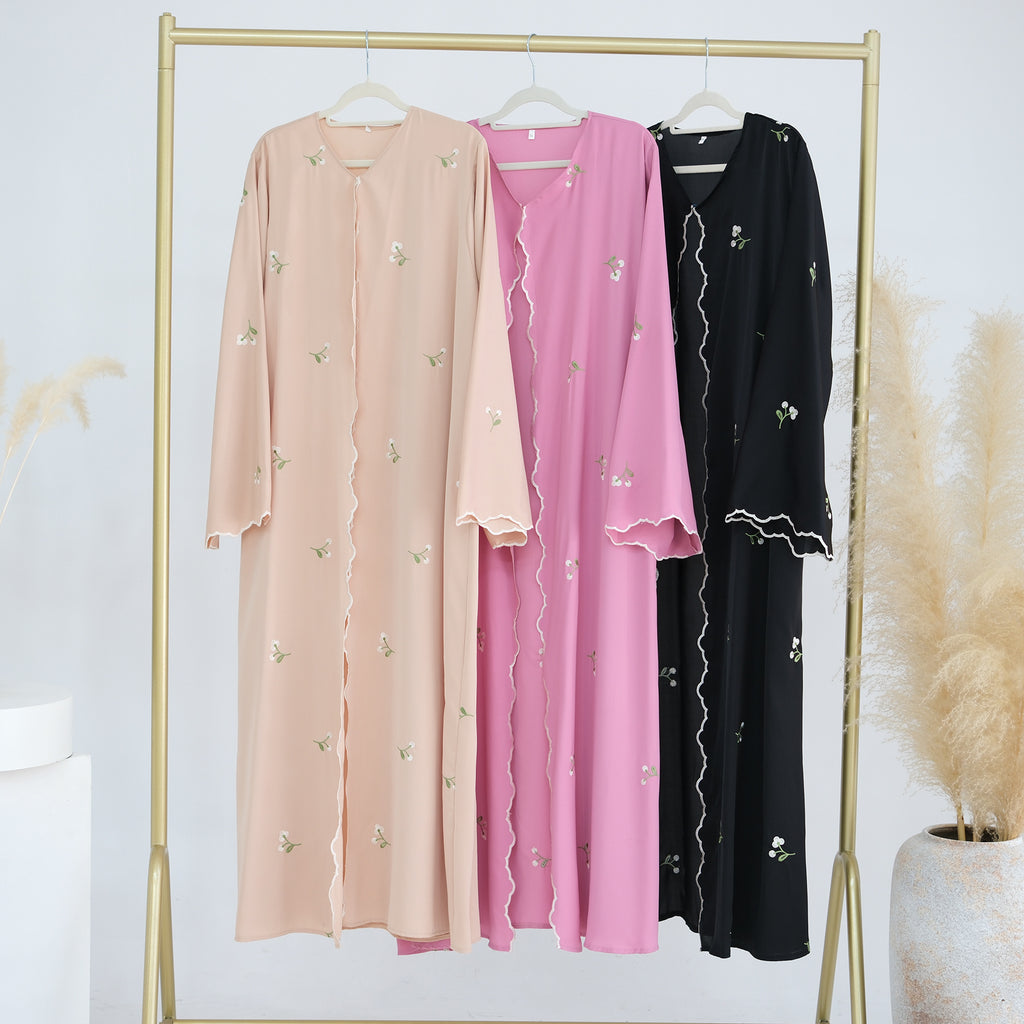 1881#Nida All Over Flower Embroidery Cardigan Modest Open Abaya Women Muslim Dress