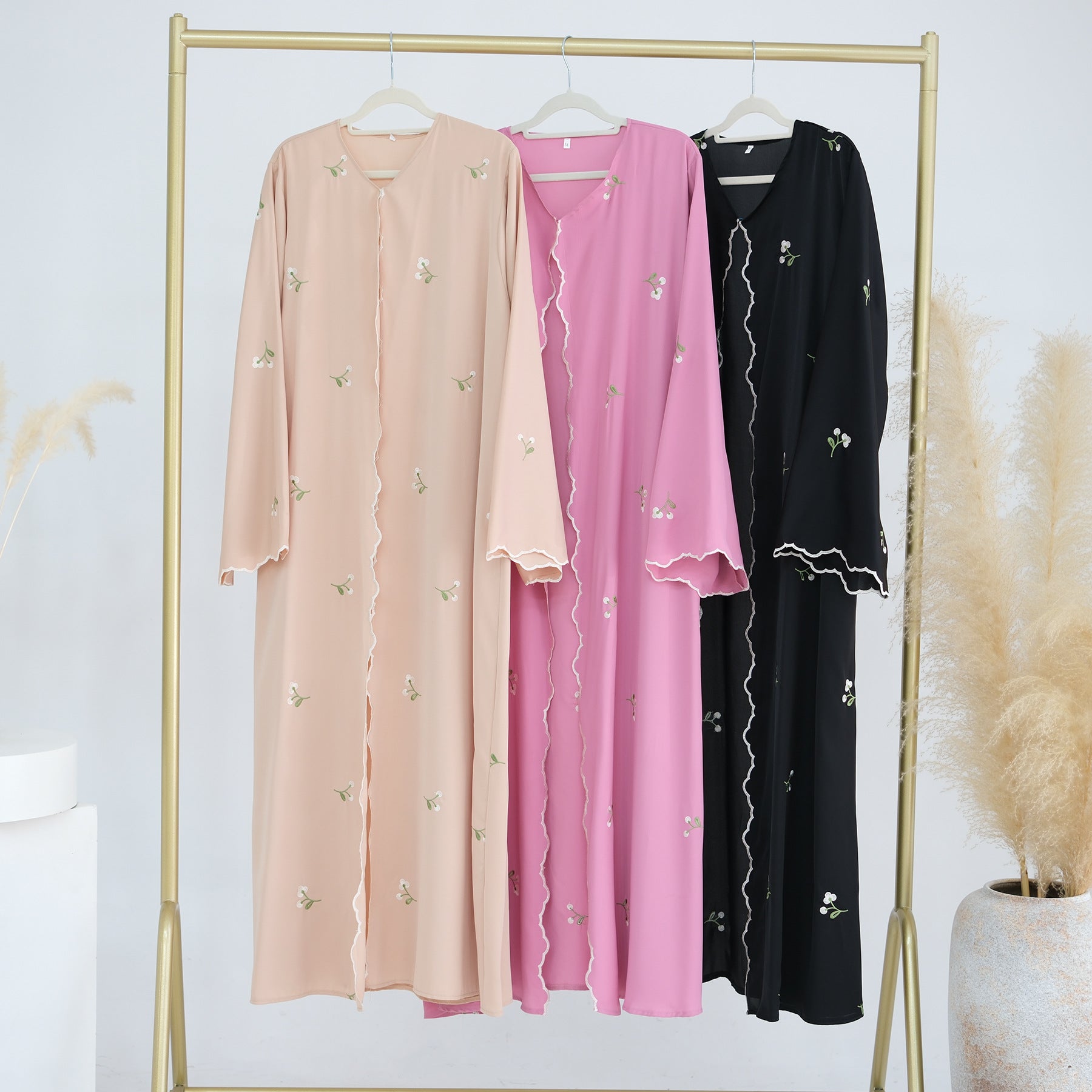 1881#Nida All Over Flower Embroidery Cardigan Modest Open Abaya Women Muslim Dress