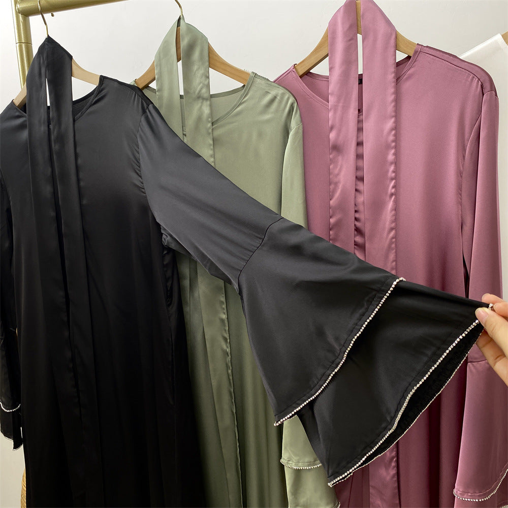 6789# New Front Zipper Two Layers With Sparkle Diamond Sleeves With Pockets Muslim Women Dress