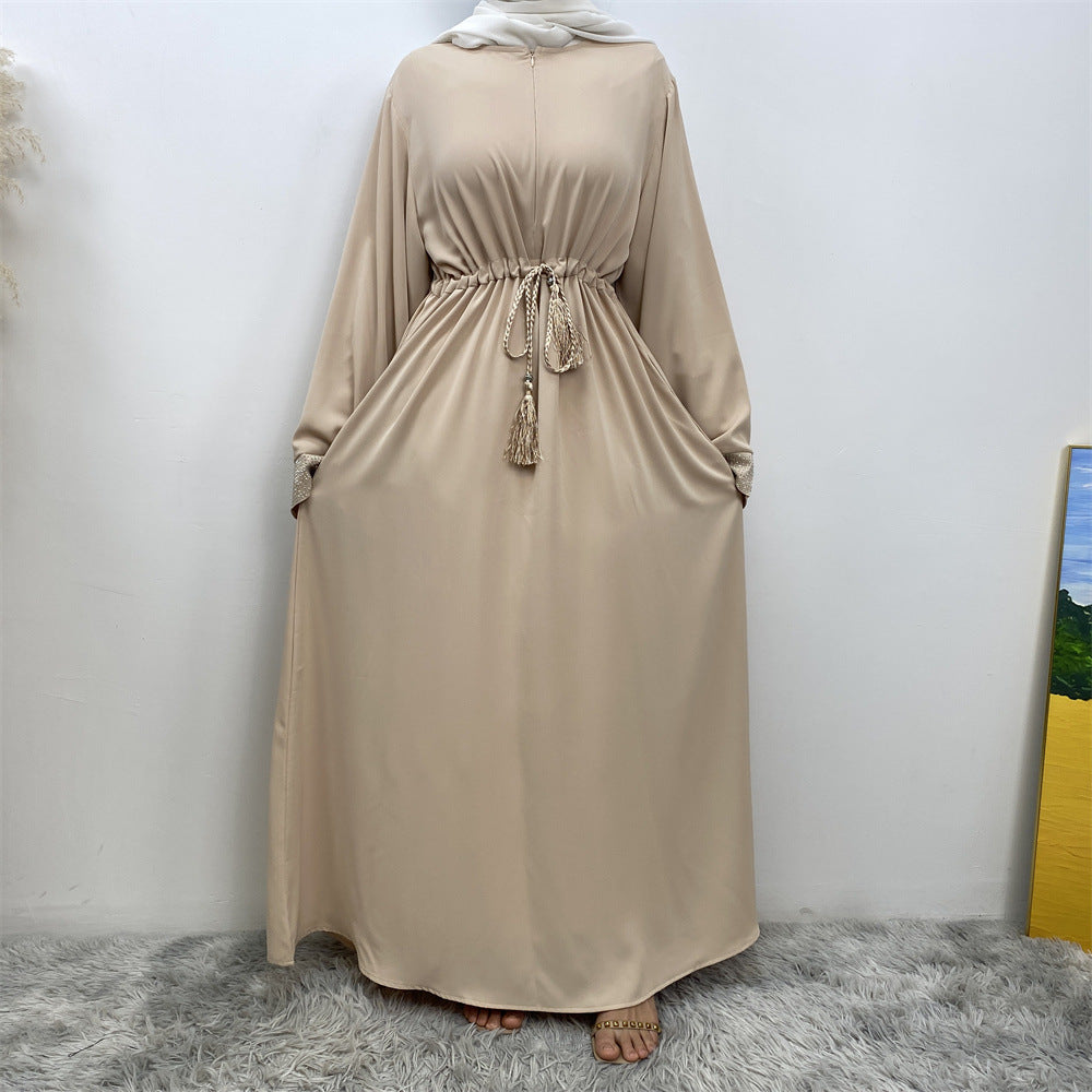 6758# Front zipper closed abaya dress loose cuff with rhinestone maxi dresses