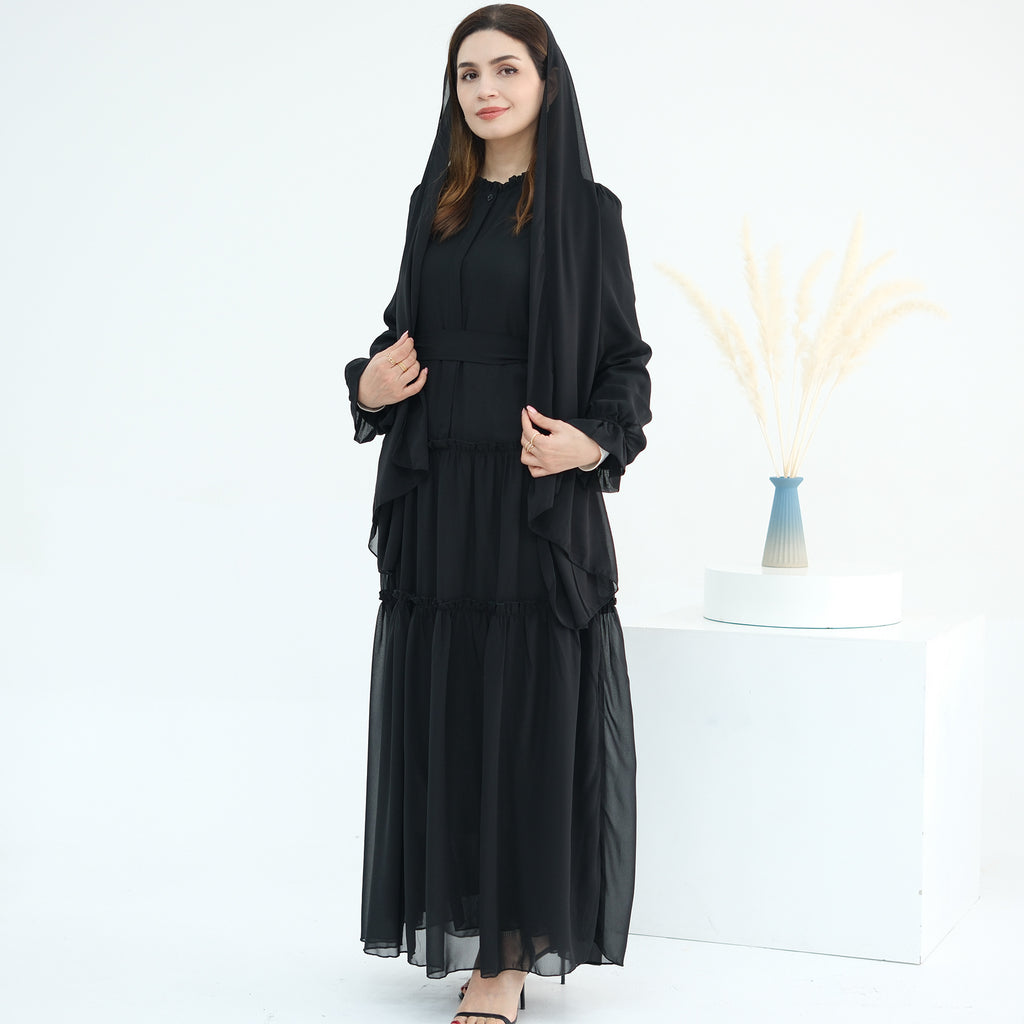 1754#2024 Solid Color Layered Chiffon Elegant Dress with Front Buttons and Lining