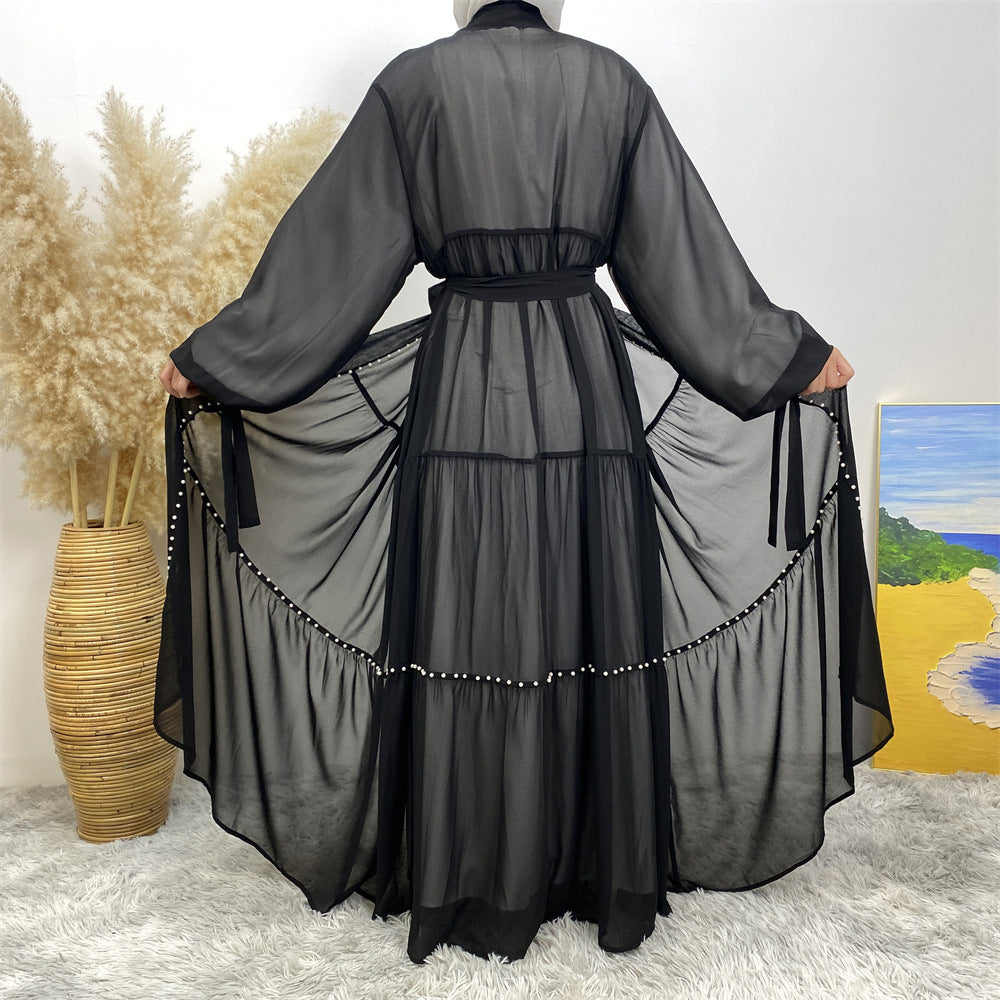 1964#Chiffon open abaya with white pearls tie belt long sleeves dubai abayas 5 colors 的副本