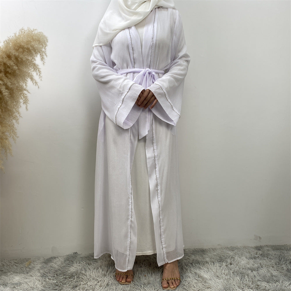 1425#New Material Transparent Silk Polyester Luxury Diamond Border With Pockets Women Open Abaya