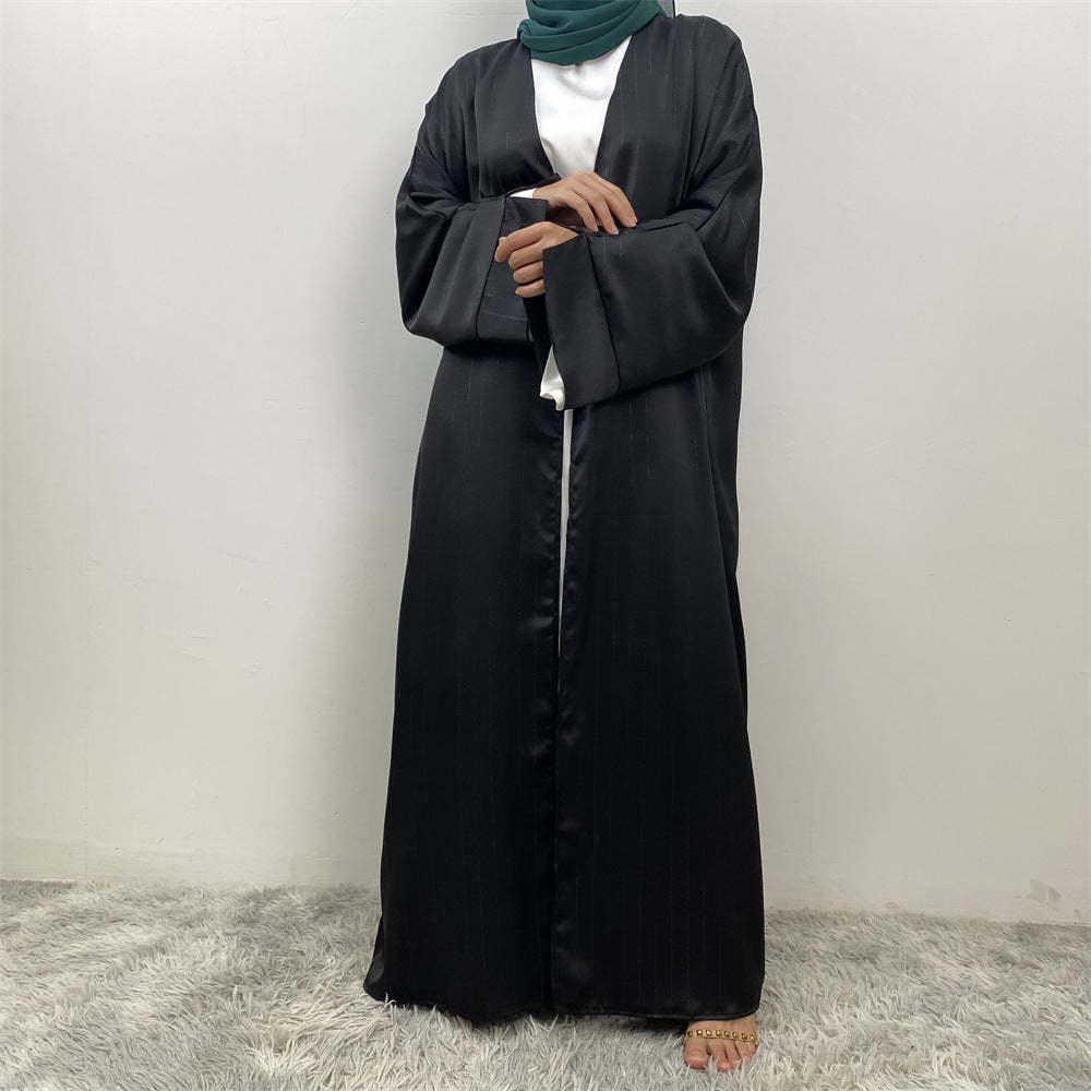 1439#Women Abaya Smooth Satin Kimono Slit Sleeve Popular Islamic Clothing Modest Silver Line Printed Abayas