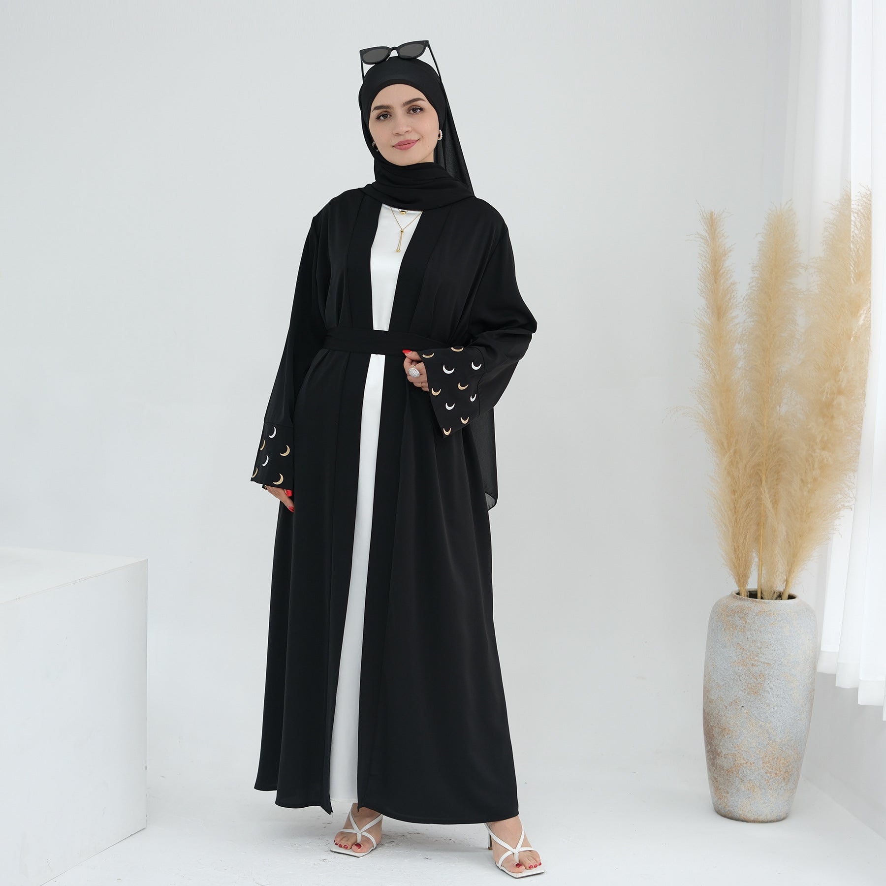 1785#New Arrival Cardigan Muslim Women's Dresses Moon Embroidery EID Linen Abaya