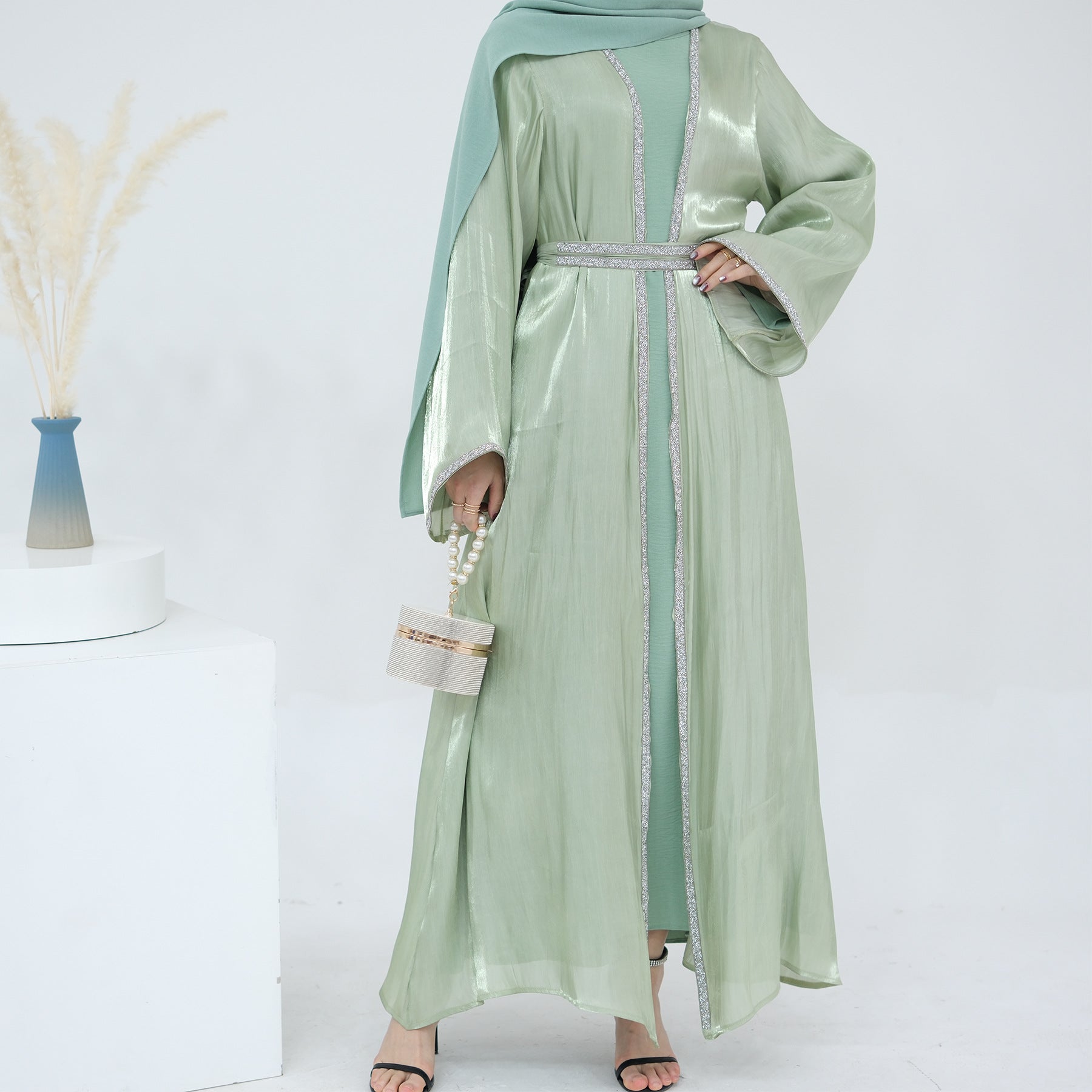 1699#2024 New Abaya Set Shinny Polyester Glitter Dubai Abaya Modest Kimono