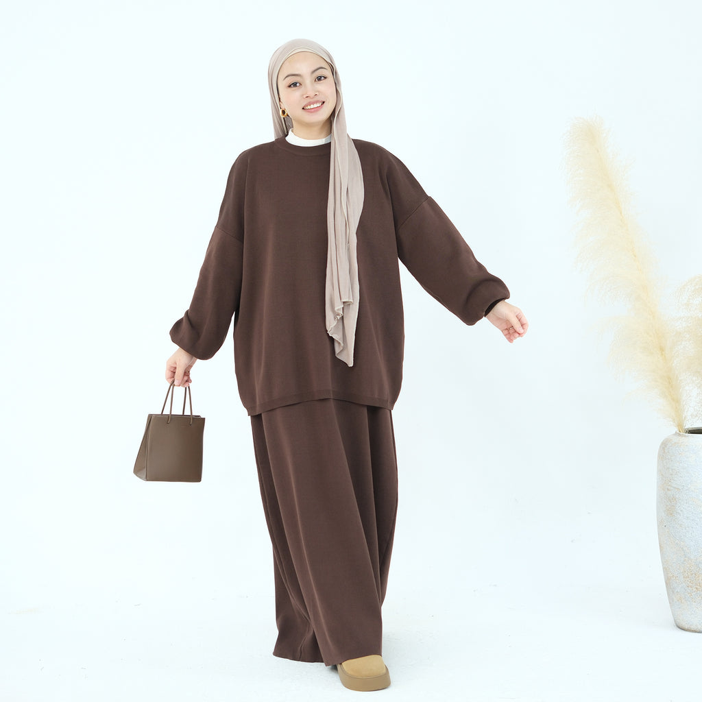 1928#Knit Fabric Solid Color Women's Dress Islamic Clothing Sweater Skirt Set 2pcs Winter Set Abaya