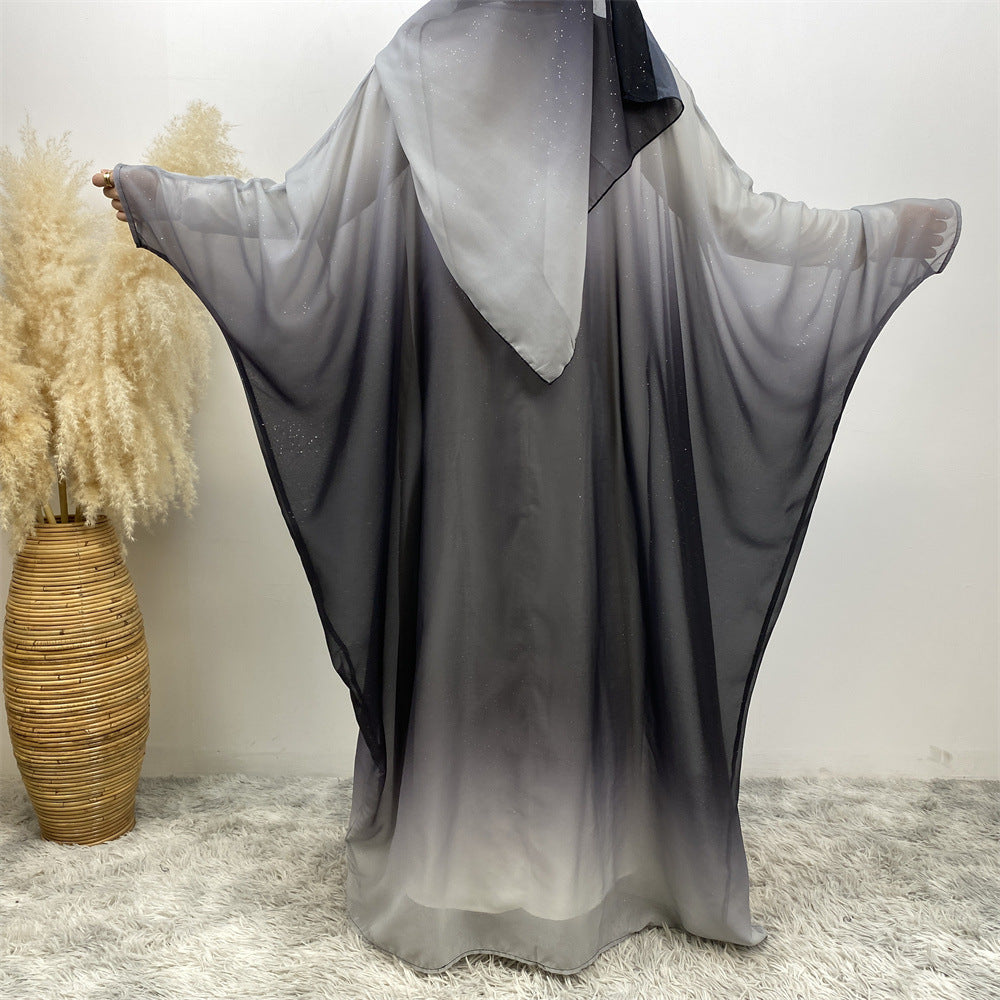 67501#2024 Kimono Abaya Dubai Gradient Color Islamic Clothing Women Muslim Dress with Hijab