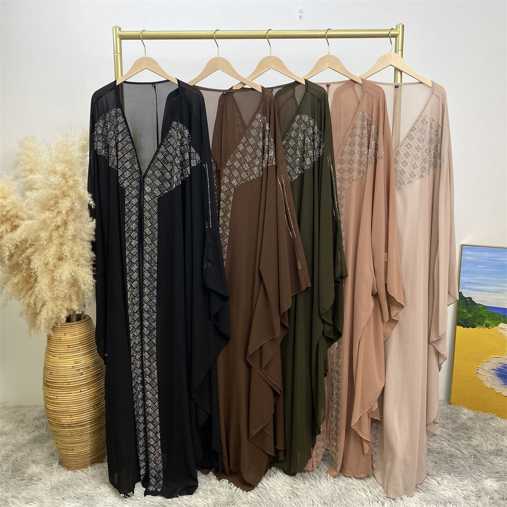 6739# Luxury Rhinestone Chiffon Abaya Hot Drilling Bead With Pearls Classy Cardigan