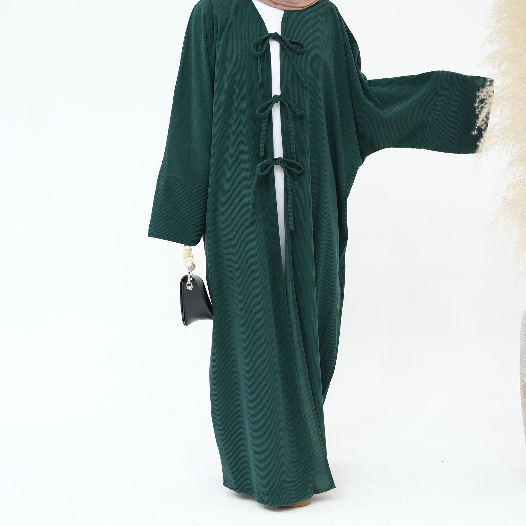 1927# Cutest Bow-Tie Front Open Corduroy Abaya Fall Winter Butterfly Cardigan Kimono Abaya