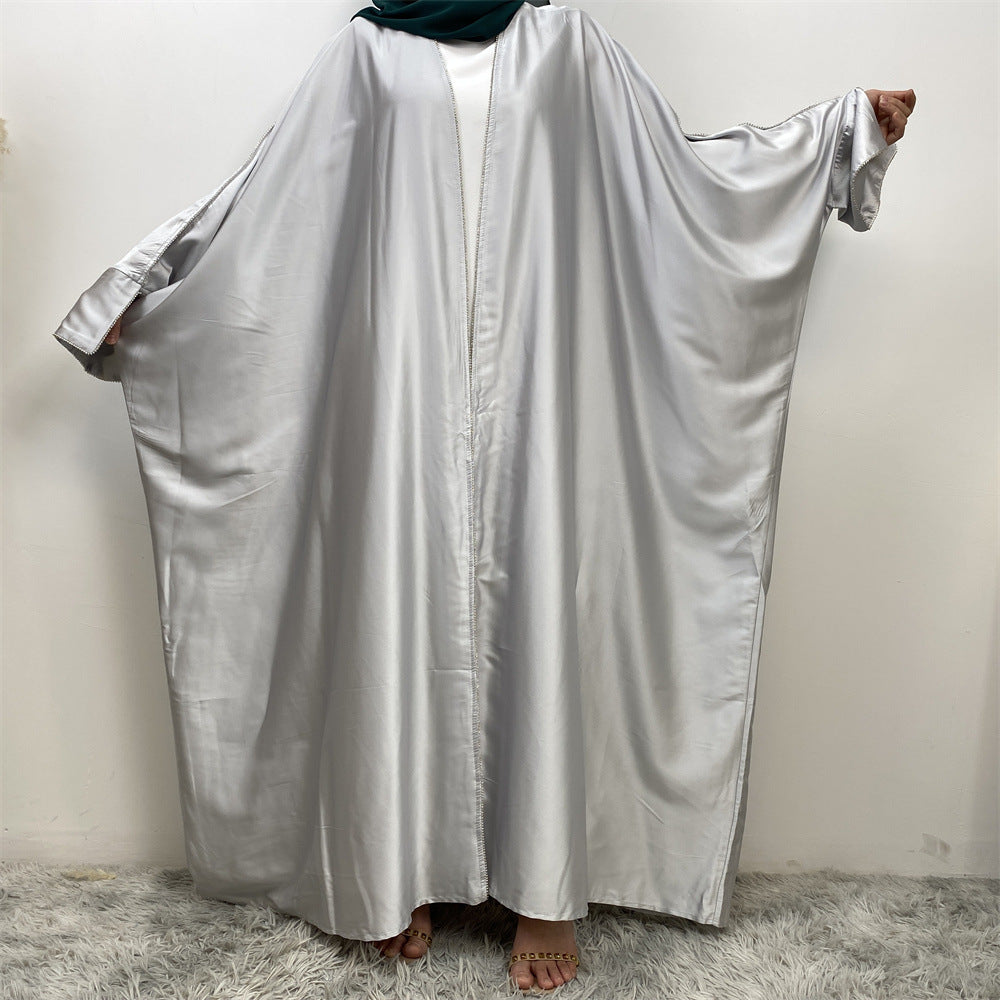 1427#New Arrival Muslim Women Silver Diamond Cardigan Islamic Clothing Light Shiny Satin Silk Abaya With Split Cuff
