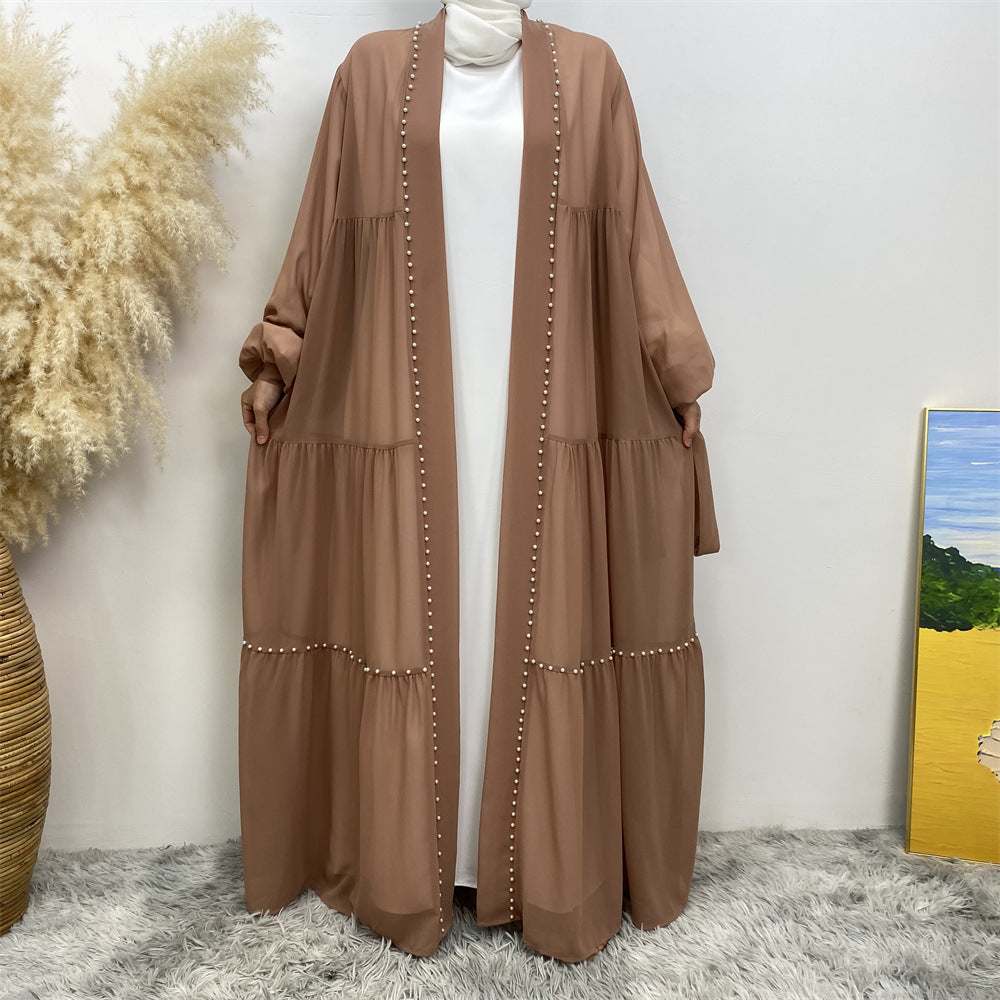 1964#Chiffon open abaya with white pearls tie belt long sleeves dubai abayas 5 colors 的副本