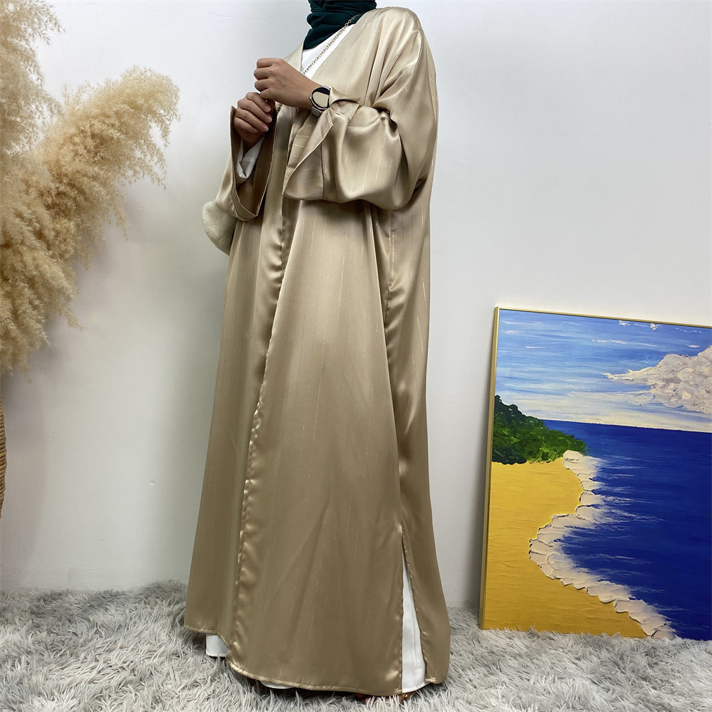 1439#Women Abaya Smooth Satin Kimono Slit Sleeve Popular Islamic Clothing Modest Silver Line Printed Abayas