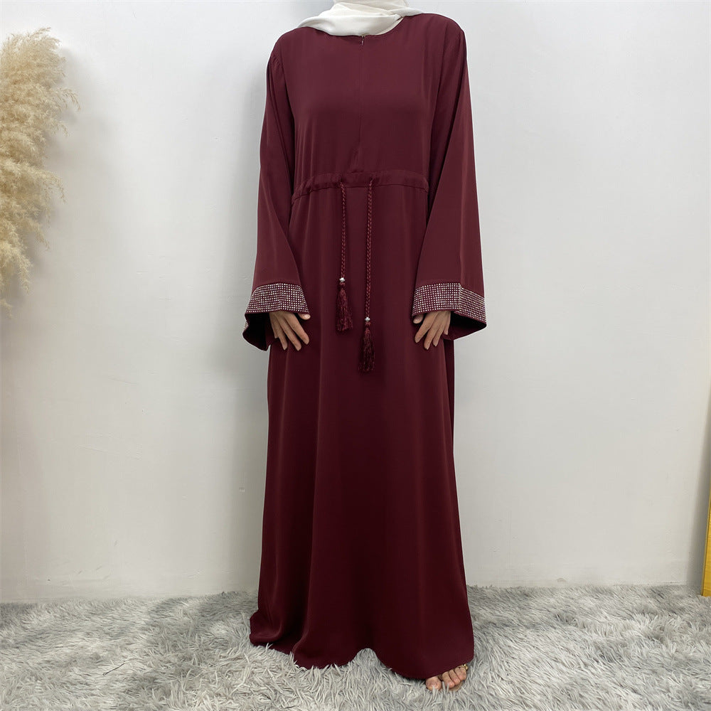 6758# Front zipper closed abaya dress loose cuff with rhinestone maxi dresses