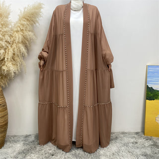 1964#Chiffon open abaya with white pearls tie belt long sleeves dubai abayas 5 colors