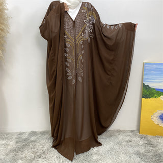 6743#Luxury New Rhinestone Chiffon Abaya Bead With Pearls Batwing Sleeves Classy Cardigan