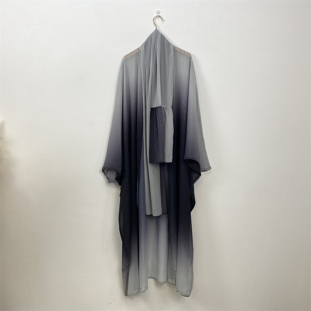 67501#2024 Kimono Abaya Dubai Gradient Color Islamic Clothing Women Muslim Dress with Hijab