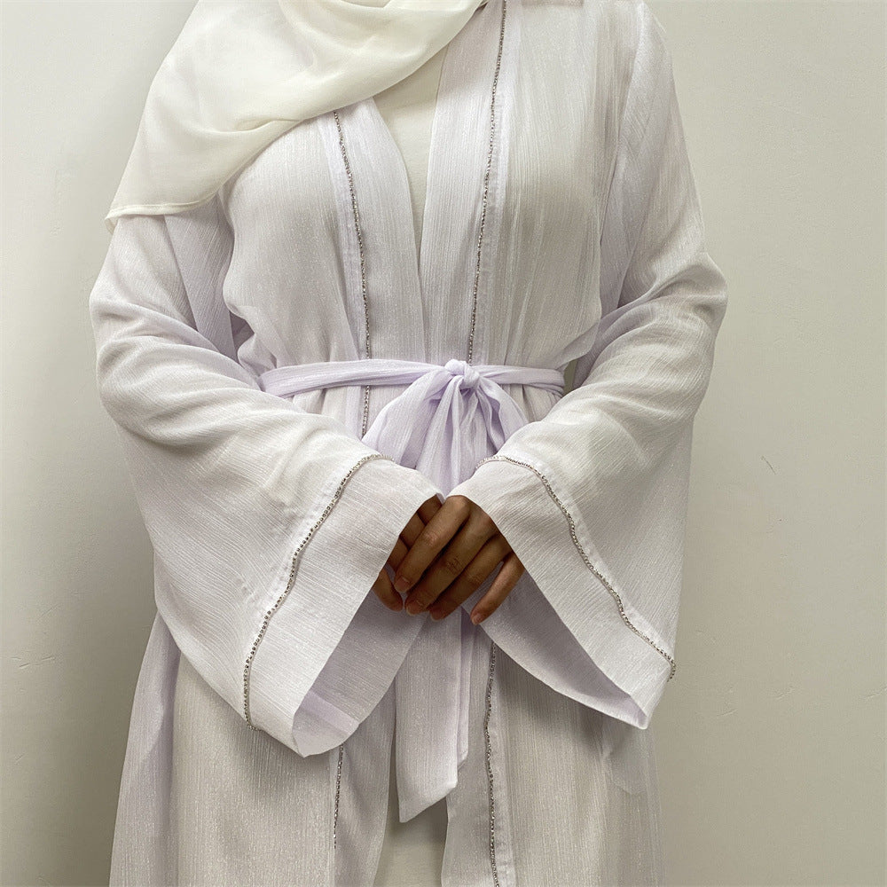 1425#New Material Transparent Silk Polyester Luxury Diamond Border With Pockets Women Open Abaya