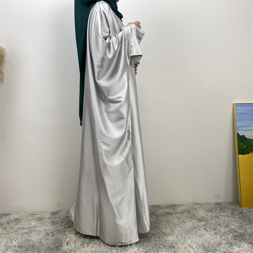 1427#New Arrival Muslim Women Silver Diamond Cardigan Islamic Clothing Light Shiny Satin Silk Abaya With Split Cuff
