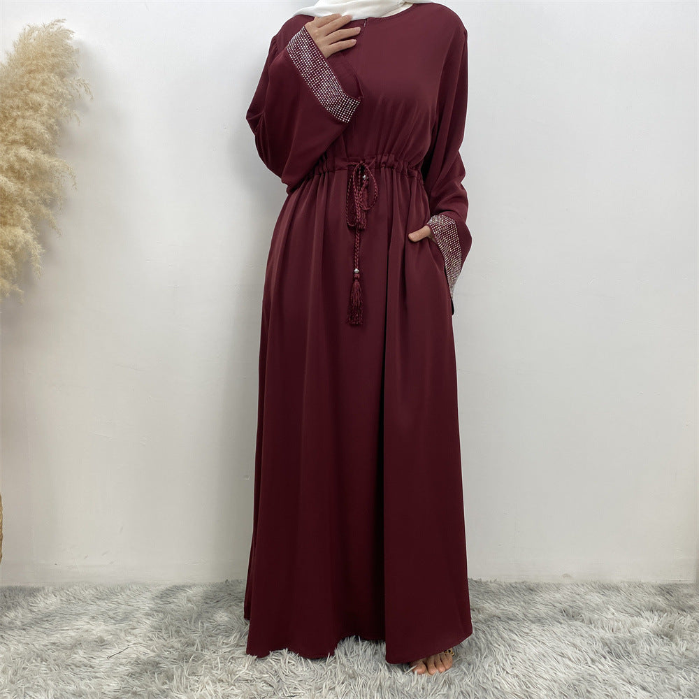 6758# Front zipper closed abaya dress loose cuff with rhinestone maxi dresses