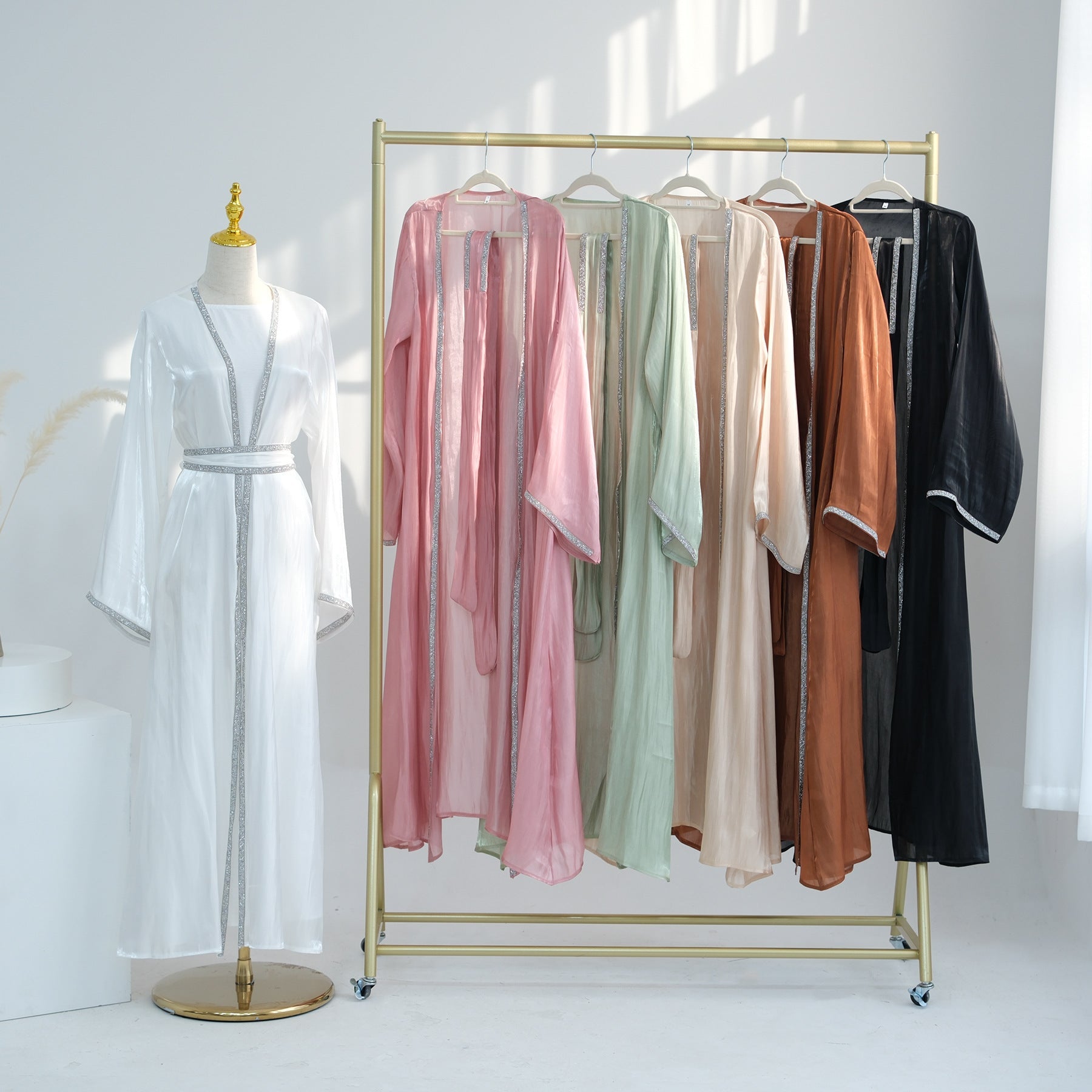 1699#2024 New Abaya Set Shinny Polyester Glitter Dubai Abaya Modest Kimono