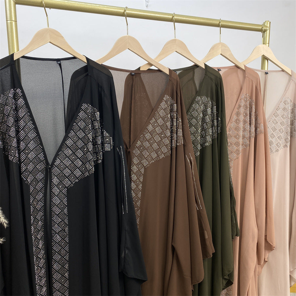 6739# Luxury Rhinestone Chiffon Abaya Hot Drilling Bead With Pearls Classy Cardigan