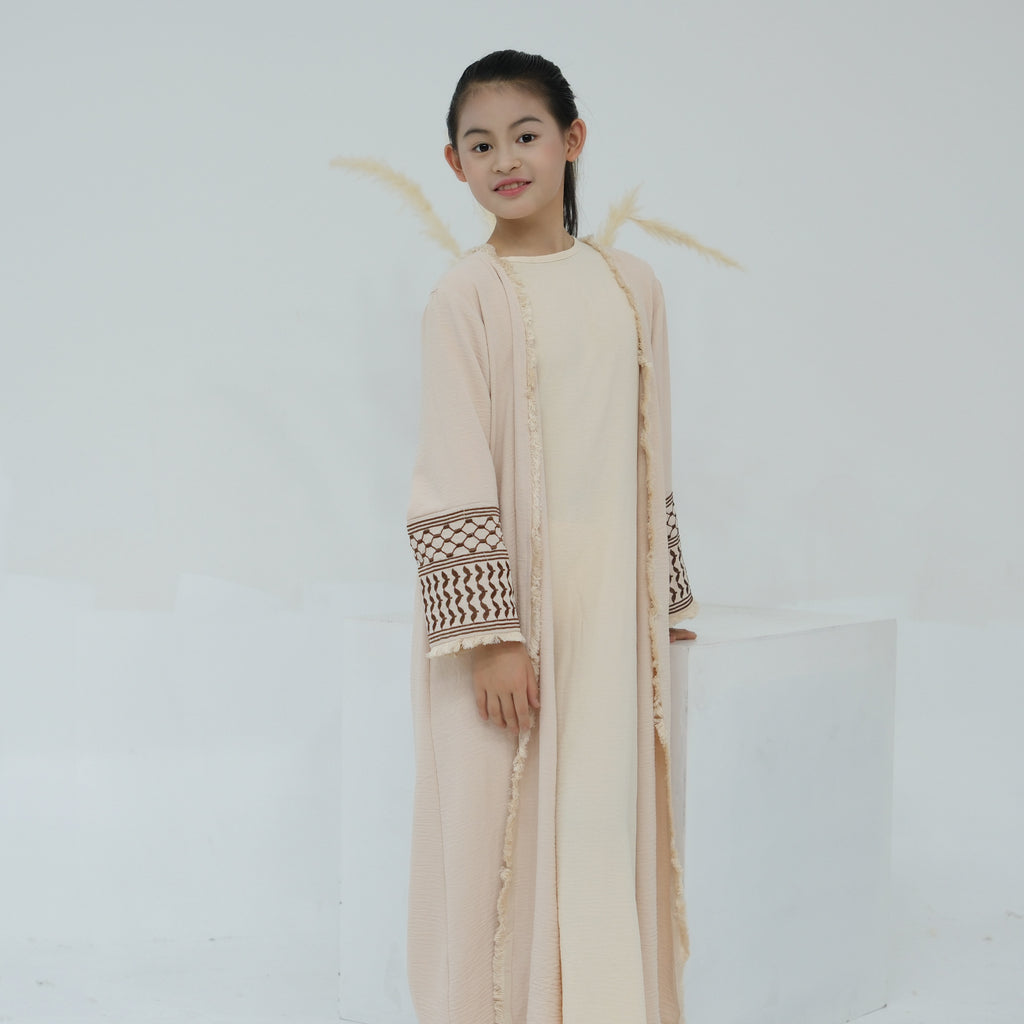 1782#Kids Abaya Keffiyeh Inspired Girls Embroidery Sleeves Women Maxi Dress Islamic Kaftan Trend Abaya