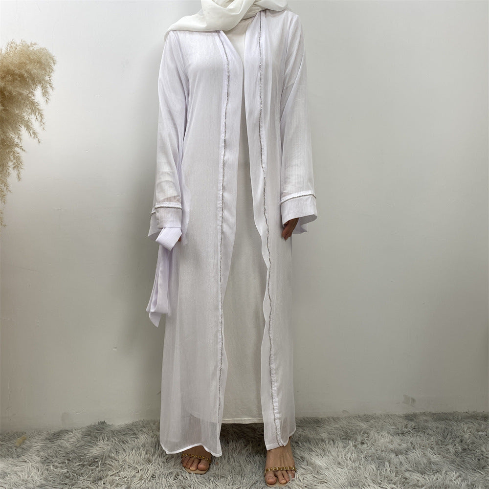 1425#New Material Transparent Silk Polyester Luxury Diamond Border With Pockets Women Open Abaya