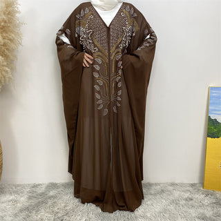 6743#Luxury New Rhinestone Chiffon Abaya Bead With Pearls Batwing Sleeves Classy Cardigan