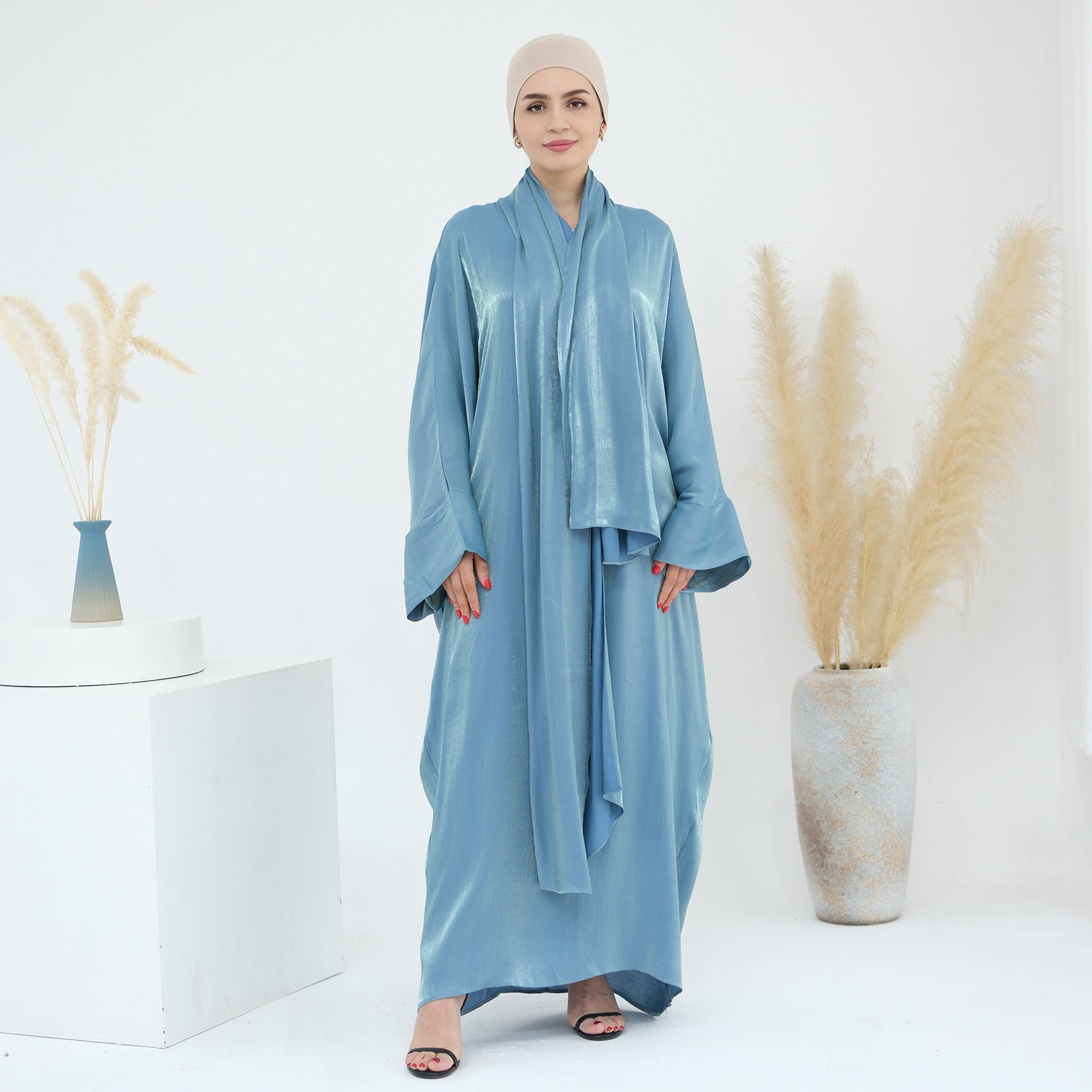 1789# 2024 New Shinny Polyester One Piece Hoodie Abaya Dubai Modest Dress with Attached Hijab
