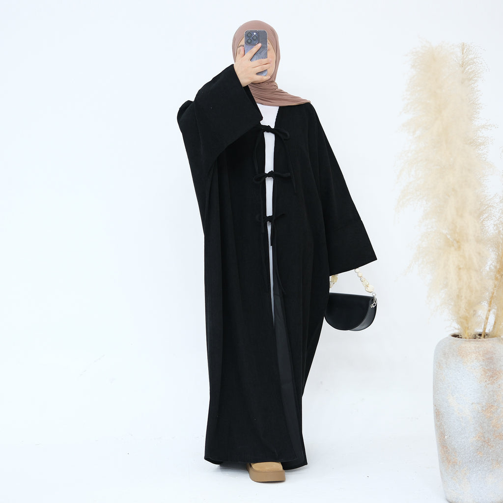 1927# Cutest Bow-Tie Front Open Corduroy Abaya Fall Winter Butterfly Cardigan Kimono Abaya