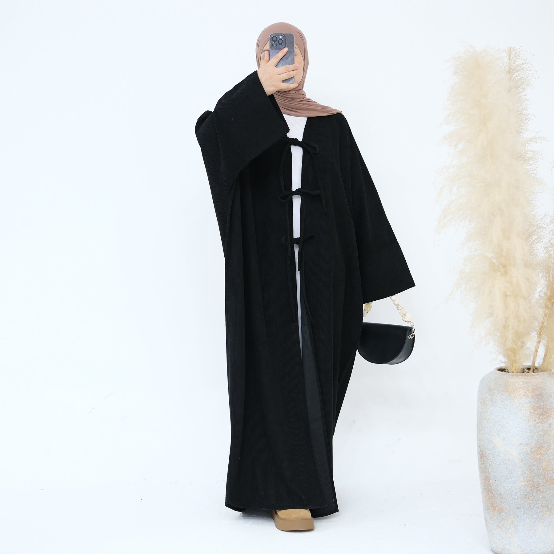 1927# Cutest Bow-Tie Front Open Corduroy Abaya Fall Winter Butterfly Cardigan Kimono Abaya
