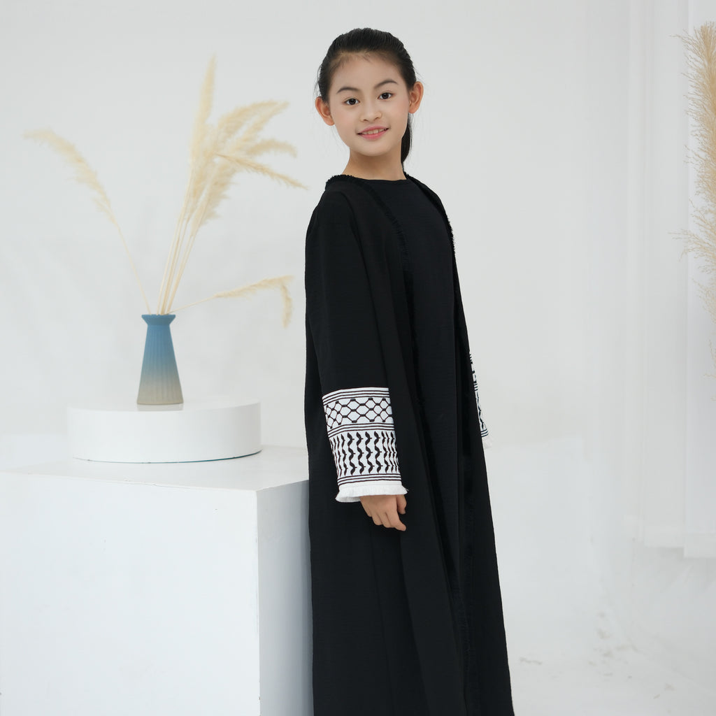 1782#Kids Abaya Keffiyeh Inspired Girls Embroidery Sleeves Women Maxi Dress Islamic Kaftan Trend Abaya
