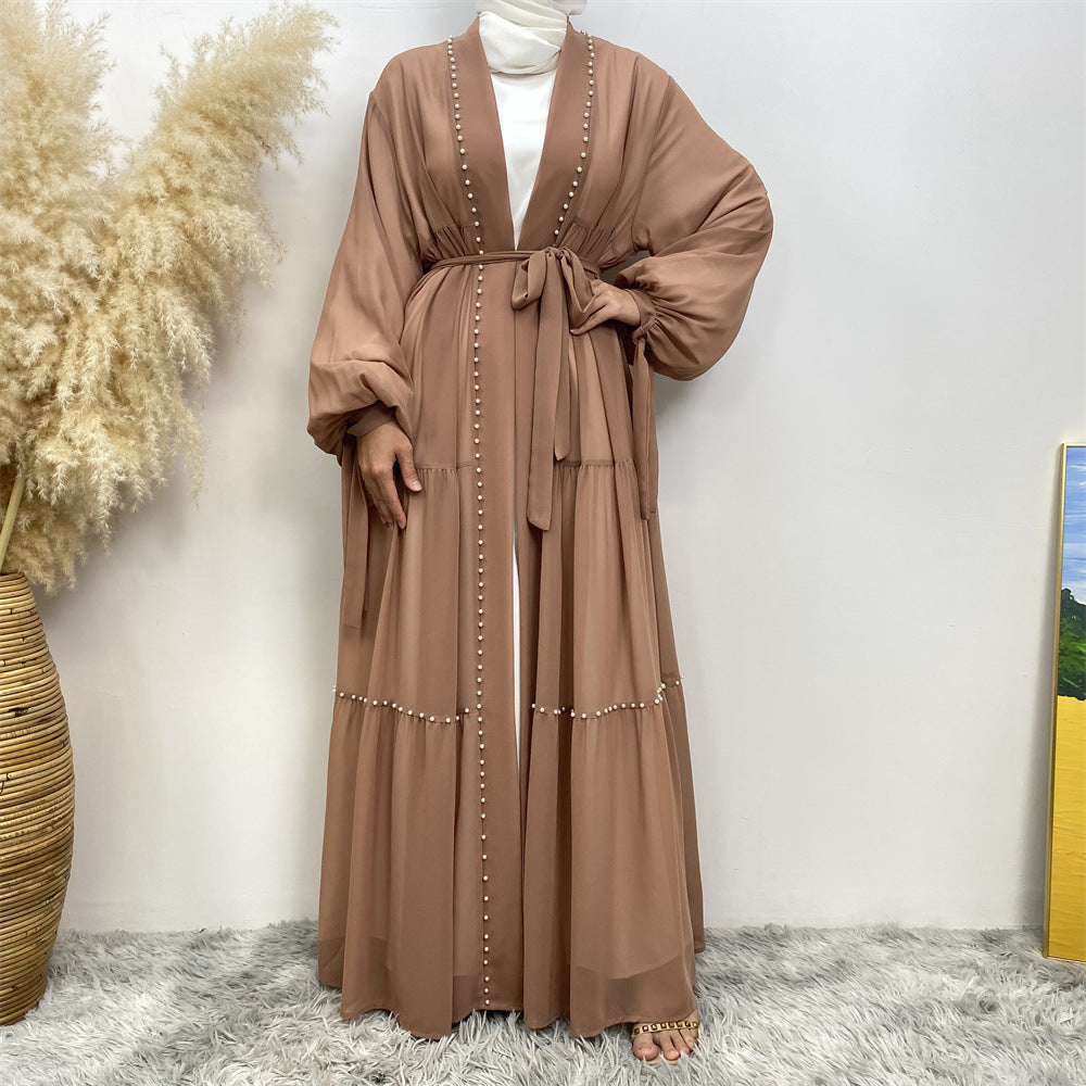 1964#Chiffon open abaya with white pearls tie belt long sleeves dubai abayas 5 colors 的副本