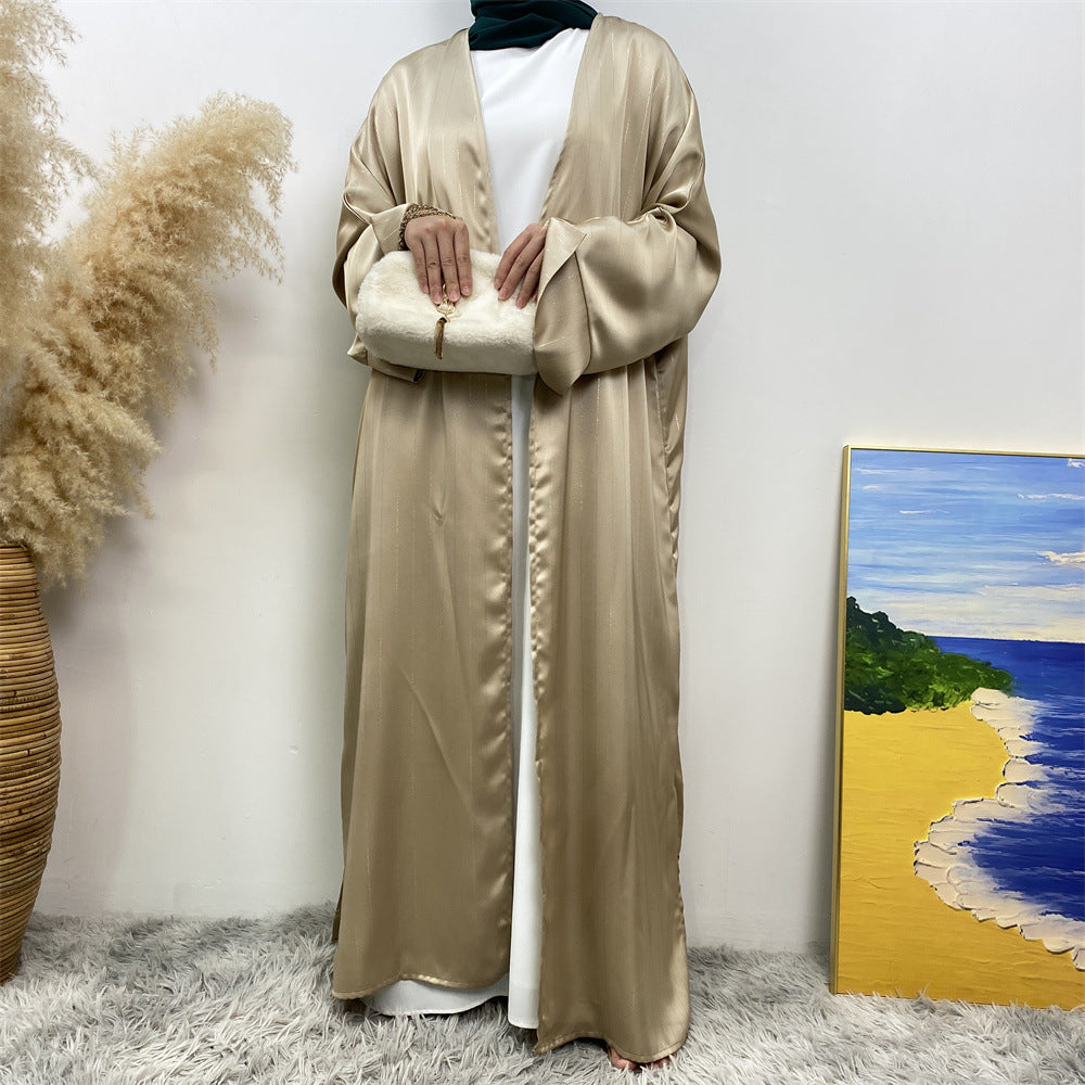 1439#Women Abaya Smooth Satin Kimono Slit Sleeve Popular Islamic Clothing Modest Silver Line Printed Abayas