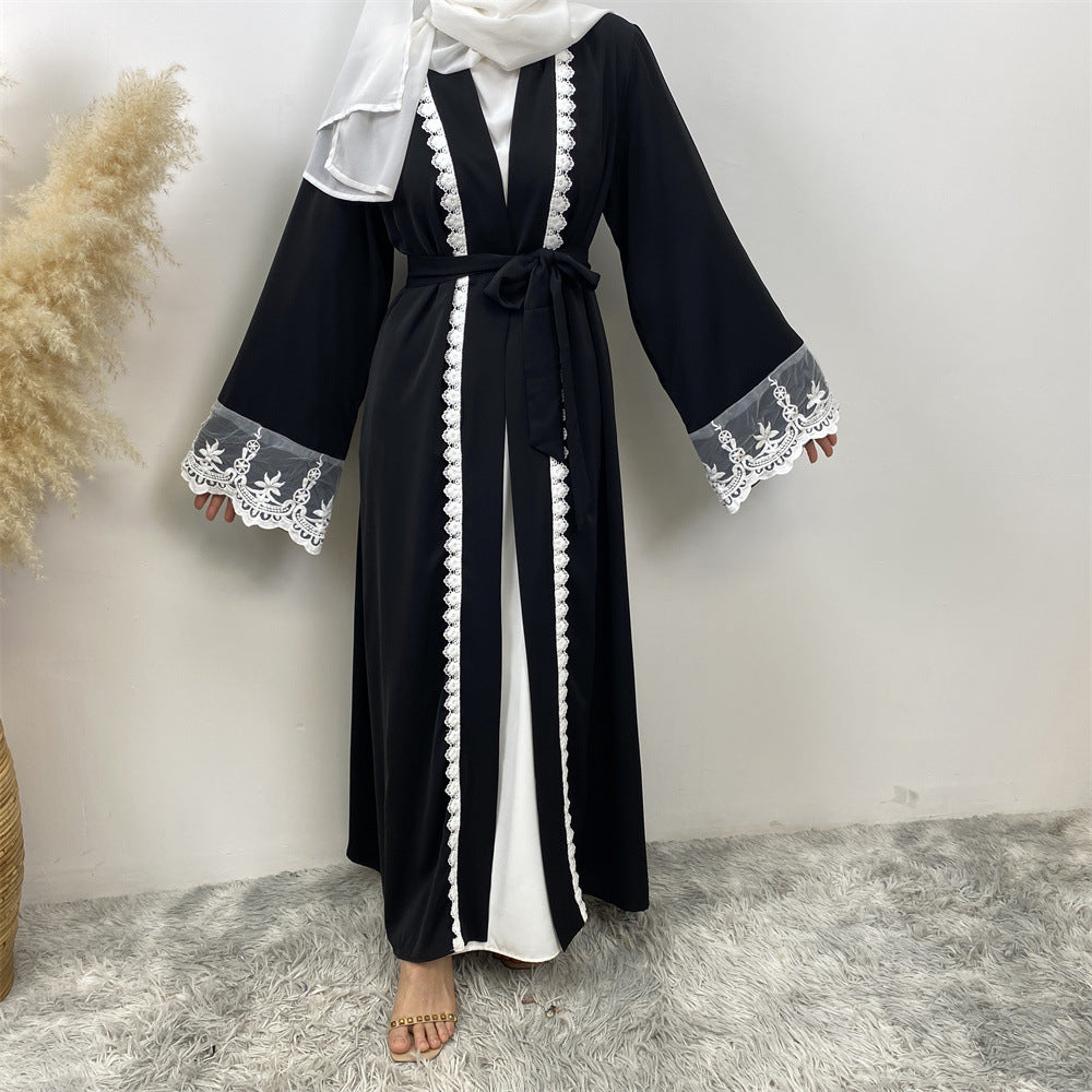 1405#Latest Eid Nida Material Flower Lace Border Classy Embroidery Women Open Abaya