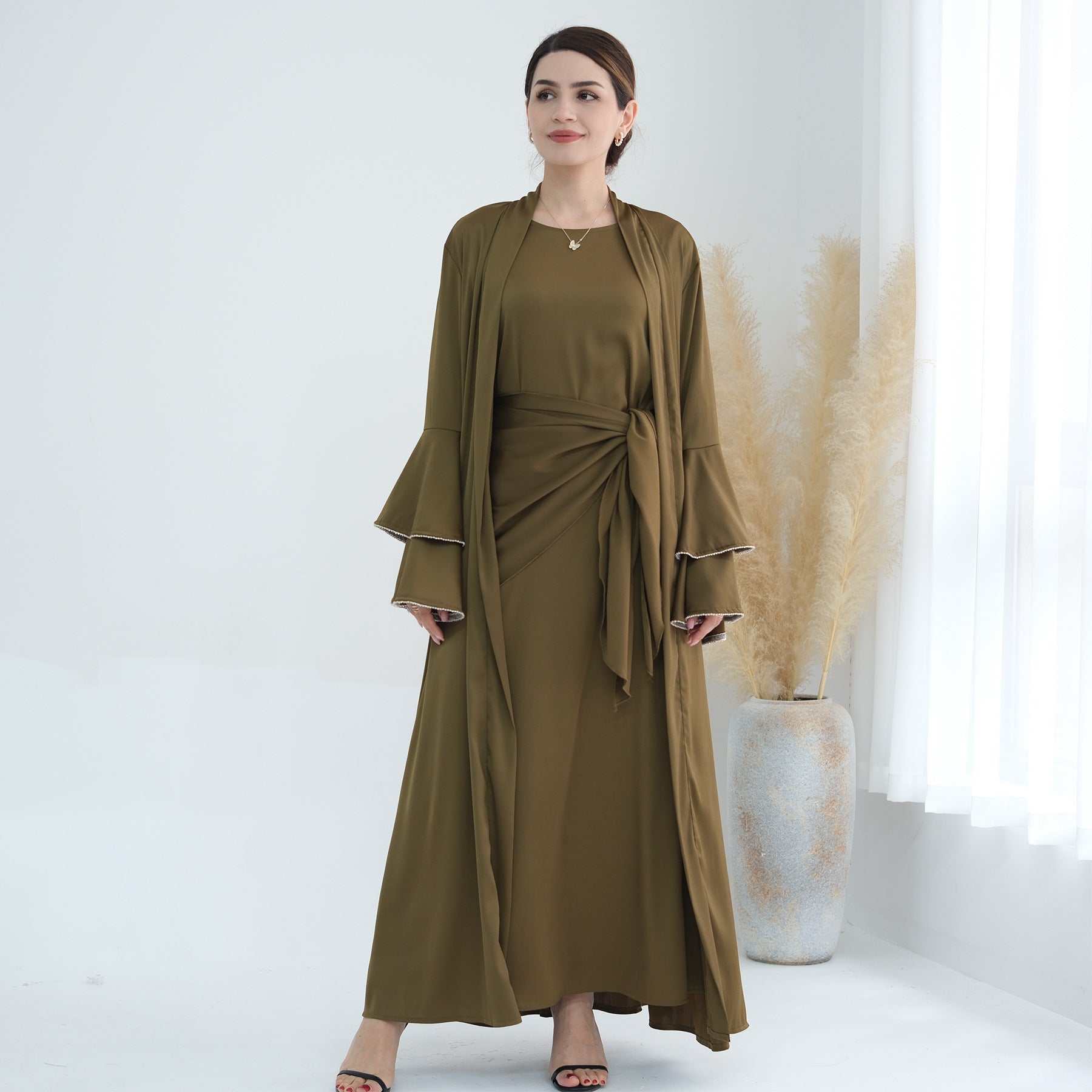 1760#3pcs Abaya Women Muslim Dress Set Ruffle Sleeves Ramadan Kaftan