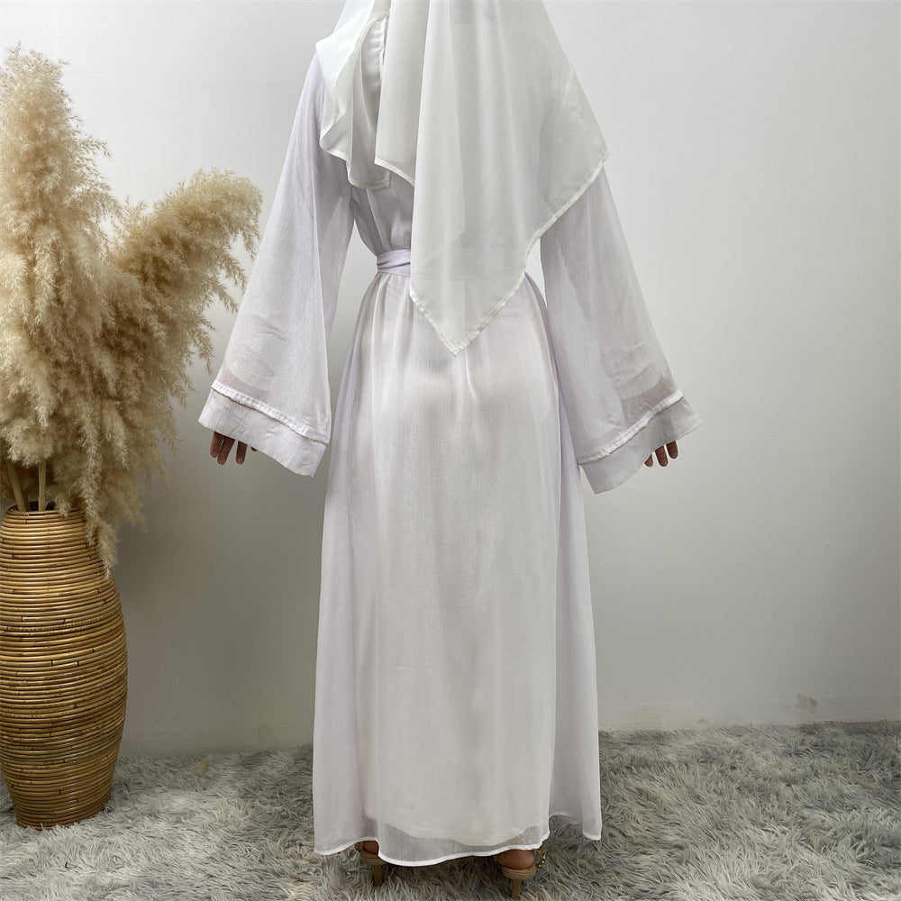 1425#New Material Transparent Silk Polyester Luxury Diamond Border With Pockets Women Open Abaya