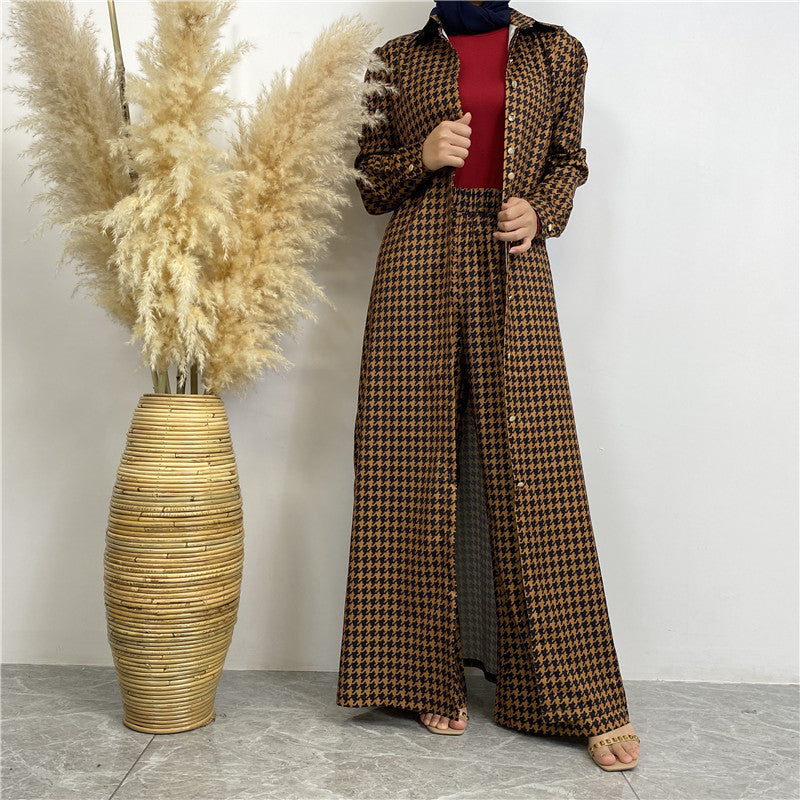 6674# New fashion set full button pocket pant muslim women 2pcs abaya sets