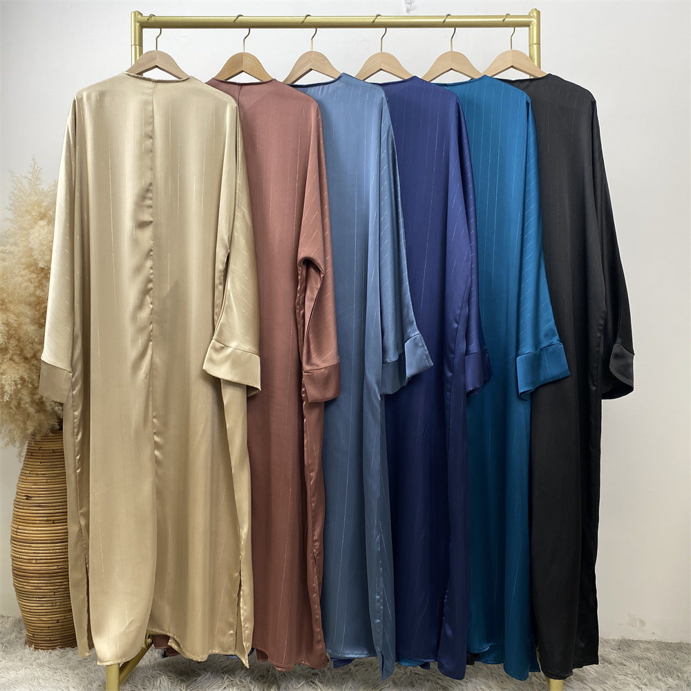 1439#Women Abaya Smooth Satin Kimono Slit Sleeve Popular Islamic Clothing Modest Silver Line Printed Abayas