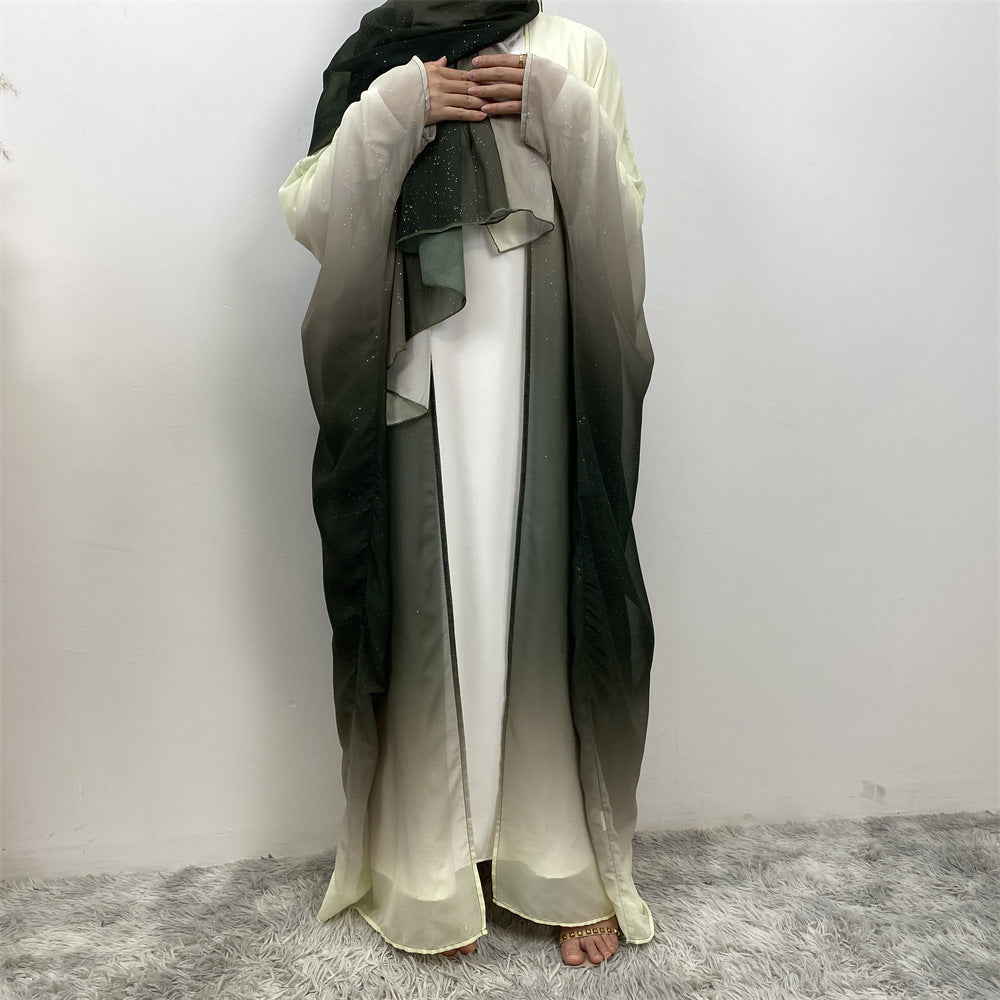 67501#2024 Kimono Abaya Dubai Gradient Color Islamic Clothing Women Muslim Dress with Hijab