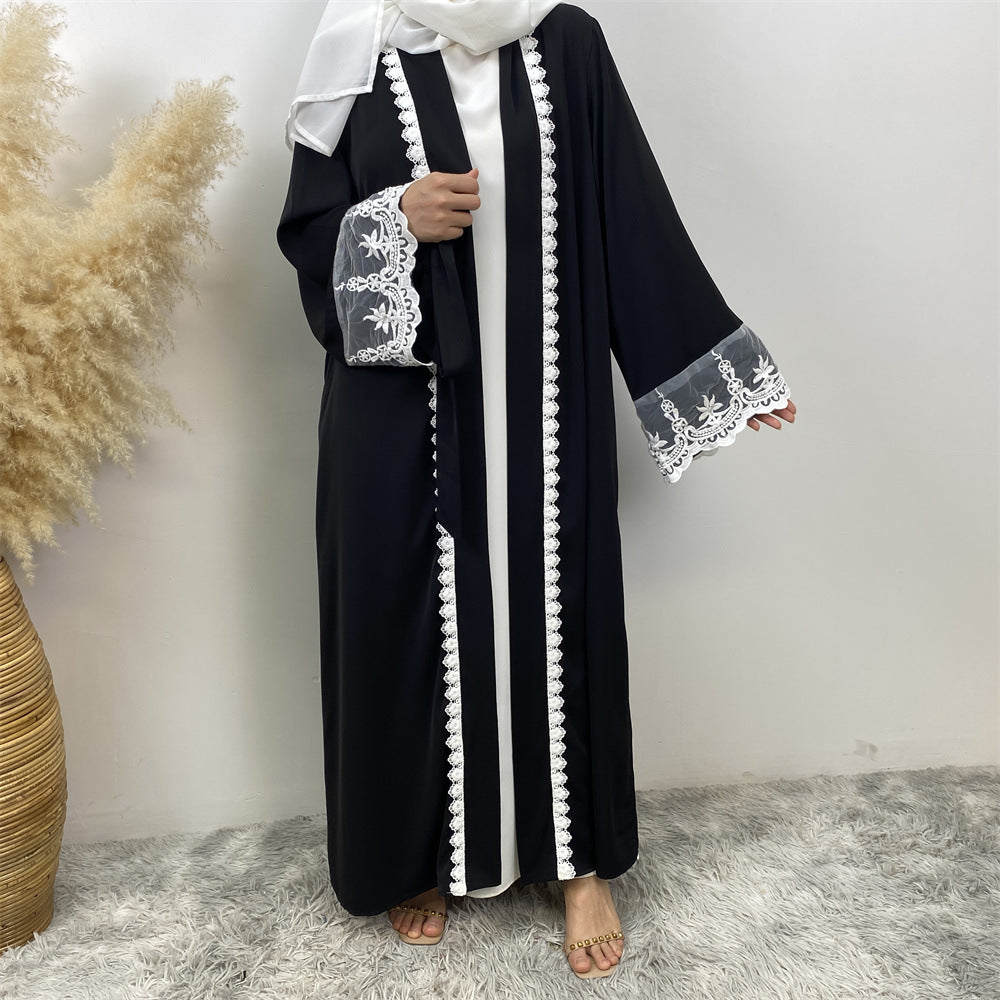 1405#Latest Eid Nida Material Flower Lace Border Classy Embroidery Women Open Abaya