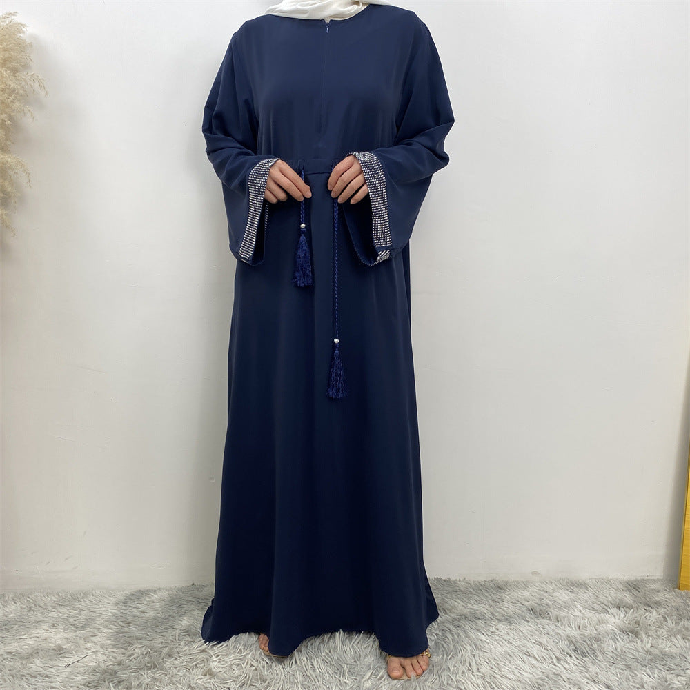 6758# Front zipper closed abaya dress loose cuff with rhinestone maxi dresses