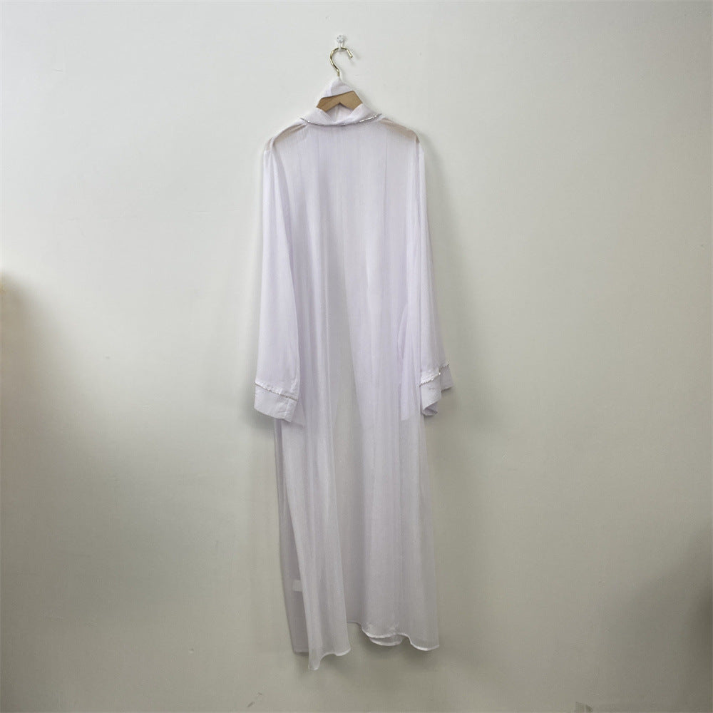 1425#New Material Transparent Silk Polyester Luxury Diamond Border With Pockets Women Open Abaya