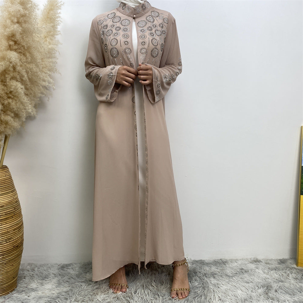 6740# Luxury chiffon africa diamond abaya long robe kaftan muslim women rhinestone open abaya