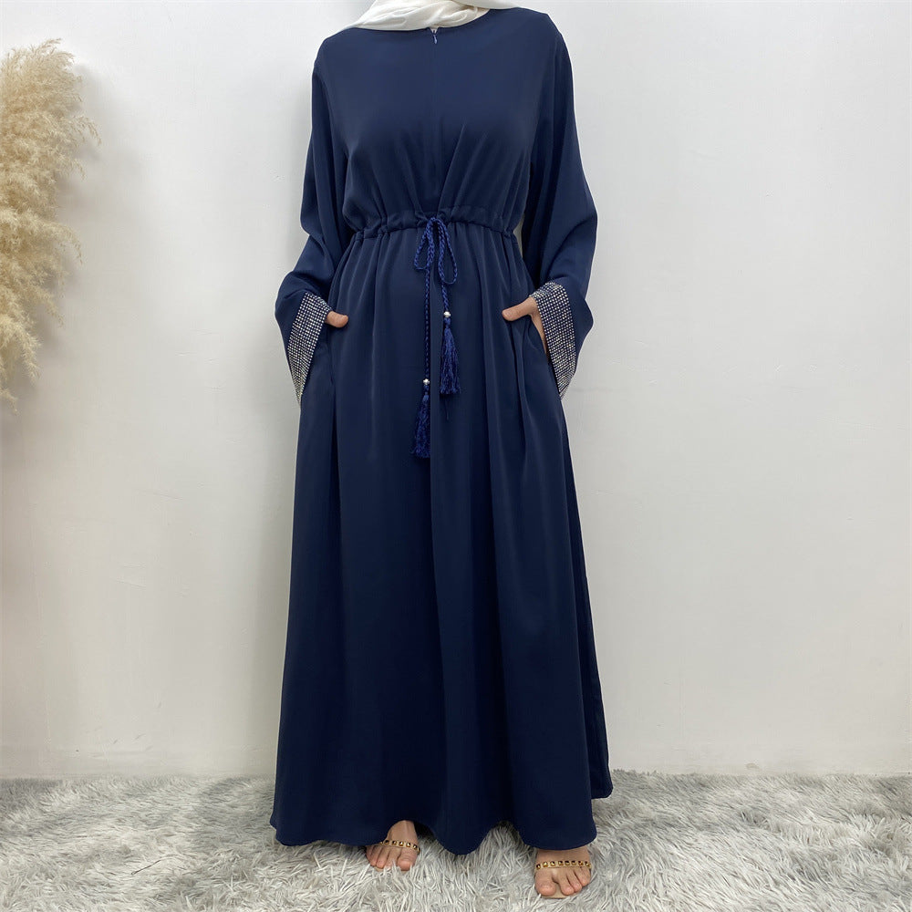 6758# Front zipper closed abaya dress loose cuff with rhinestone maxi dresses