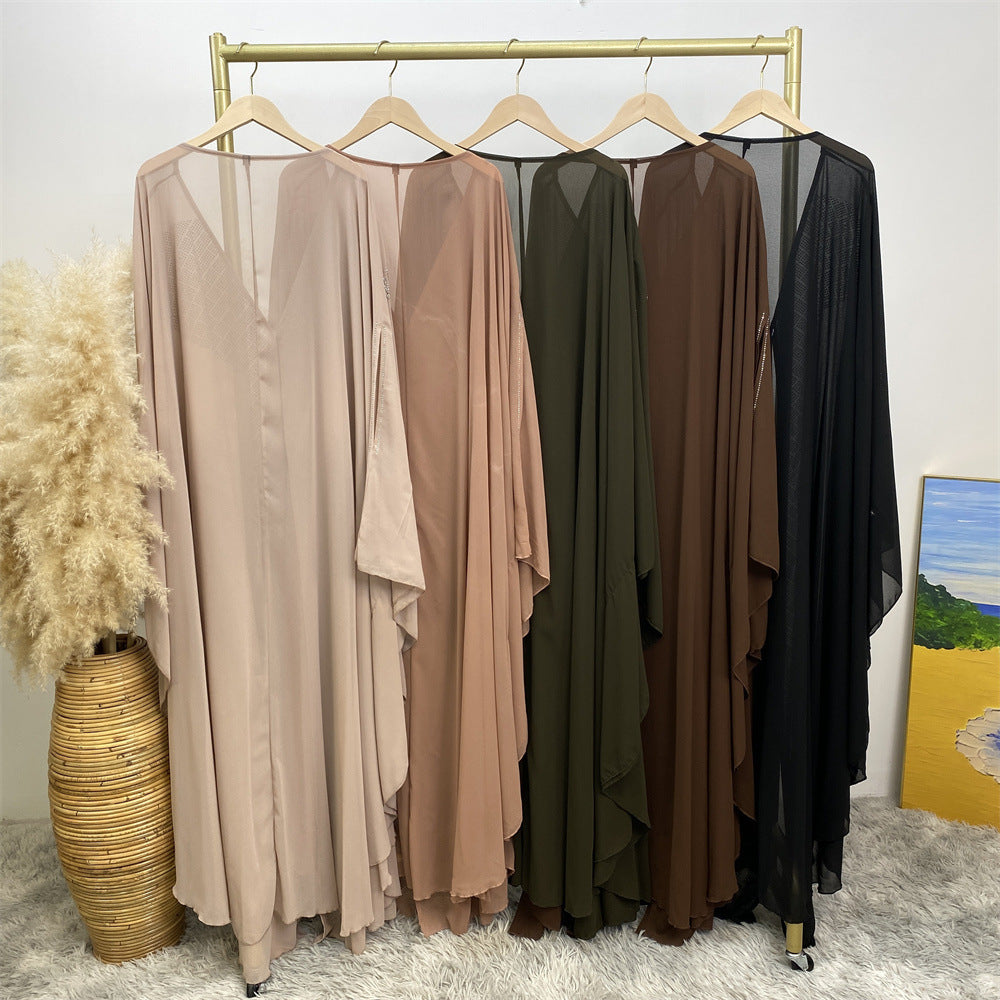 6739# Luxury Rhinestone Chiffon Abaya Hot Drilling Bead With Pearls Classy Cardigan