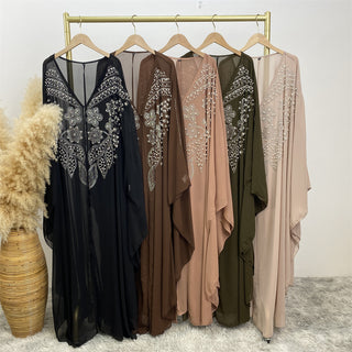 6742# Luxury Rhinestone Chiffon Abaya Hot Drilling Bead With Pearls Classy Cardigan