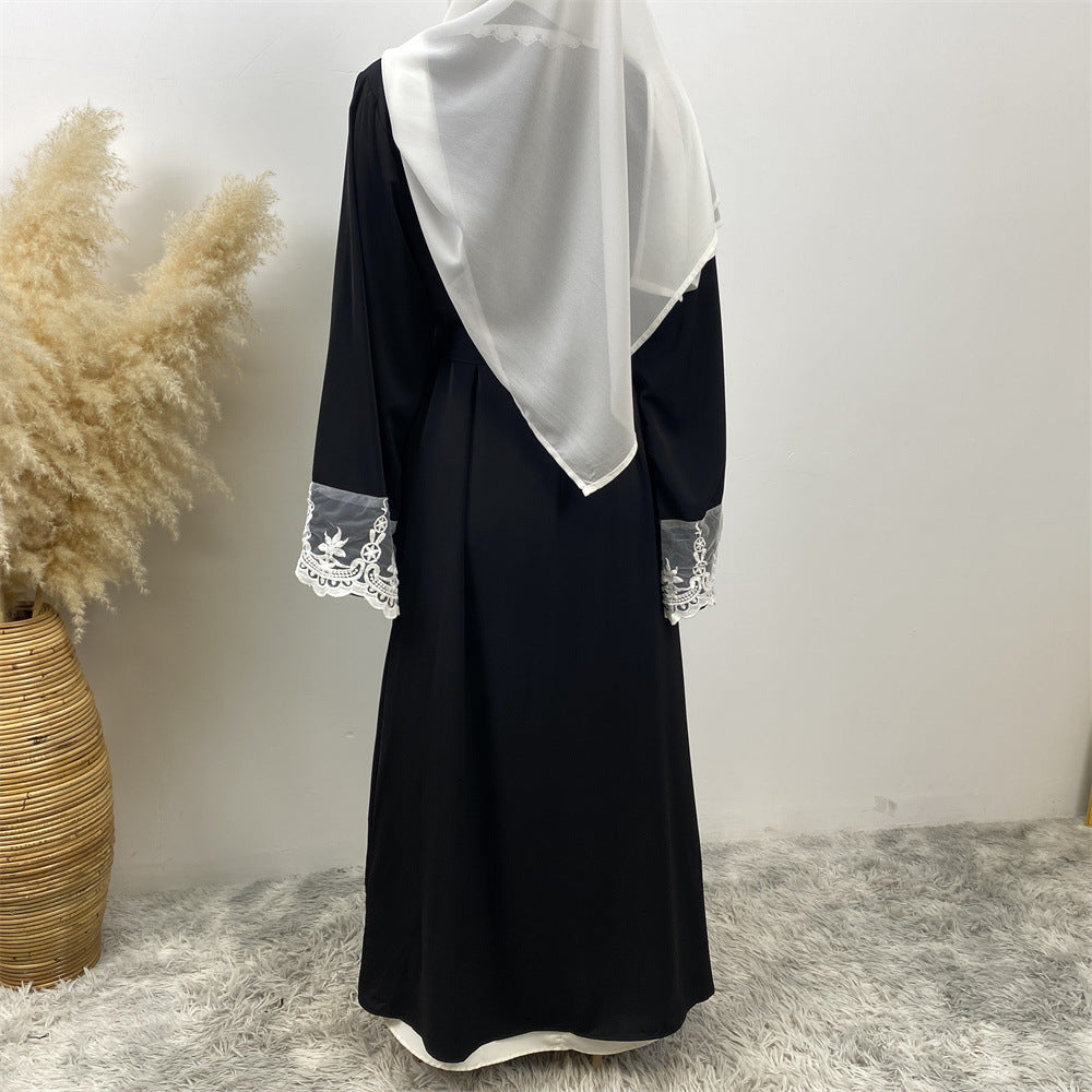 1405#Latest Eid Nida Material Flower Lace Border Classy Embroidery Women Open Abaya